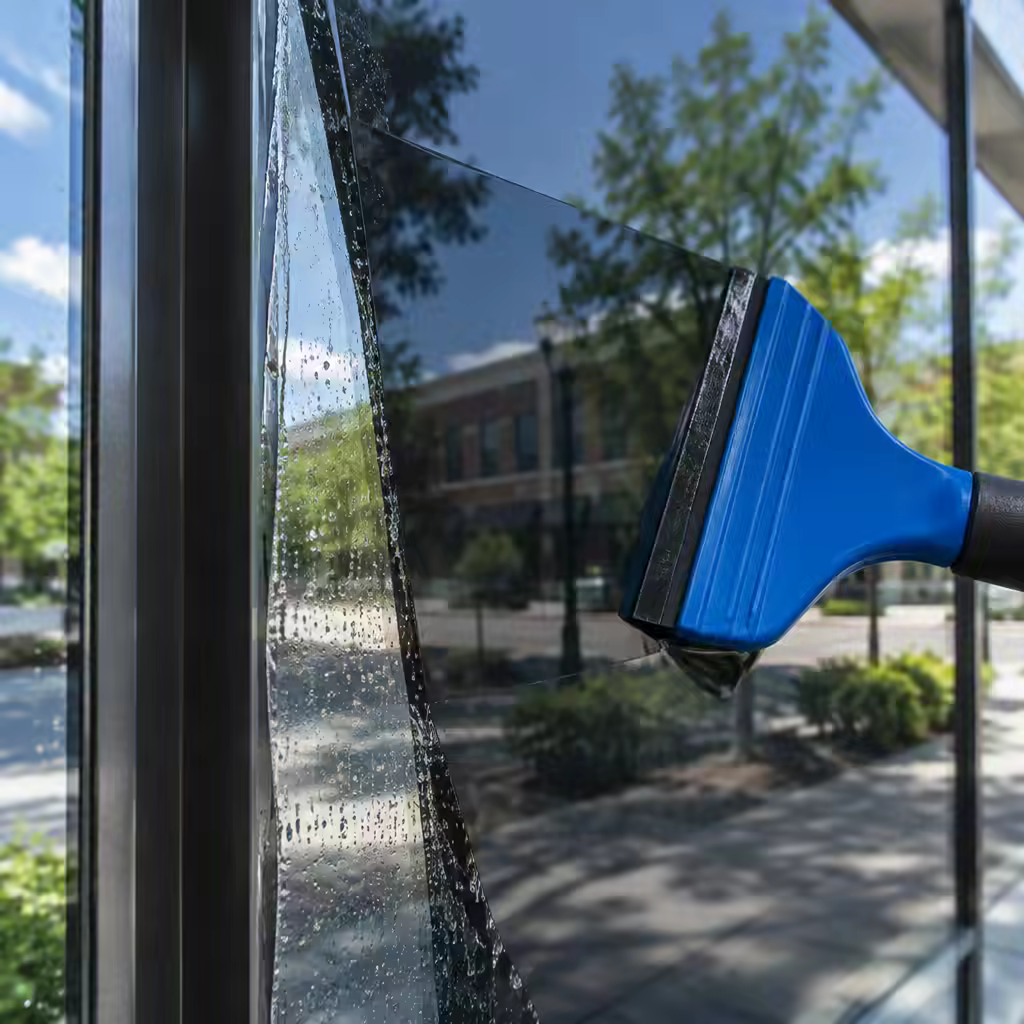 Close-up of solar control film being applied to storefront glass